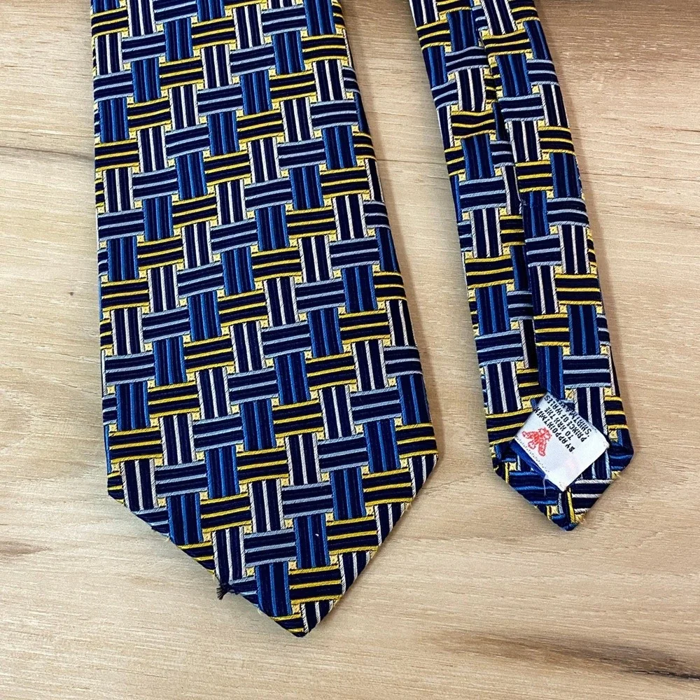 Turnbull & Asser Mens Silk Tie Hand Made London Blue Yellow Geometric Pattern